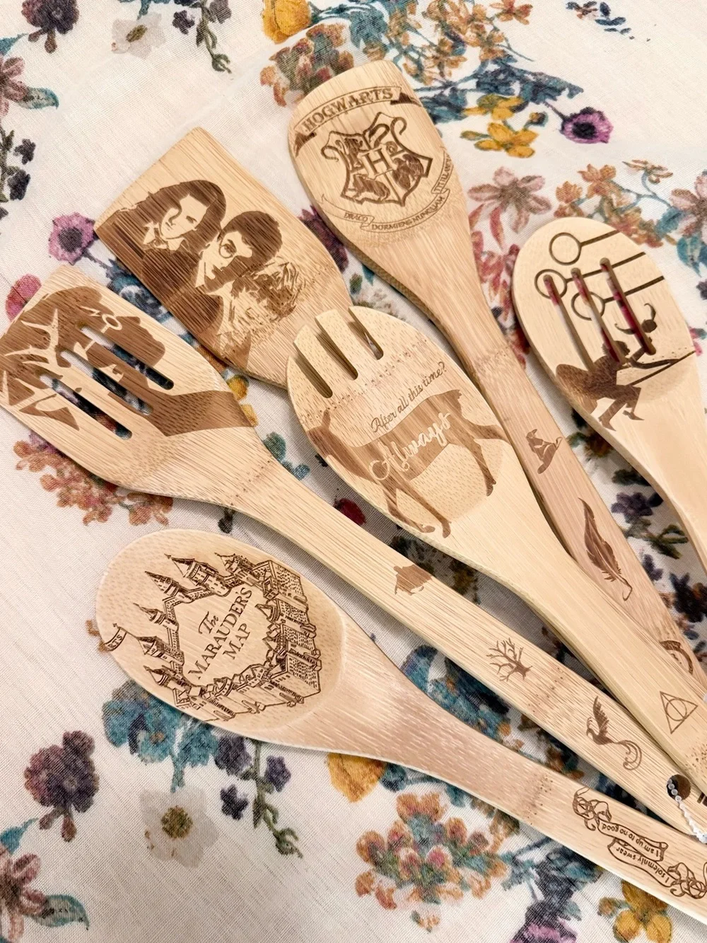 Harry Potter Inspired Bamboo Kitchen Utensil Set 6 Hogwarts Marauder Map Always
